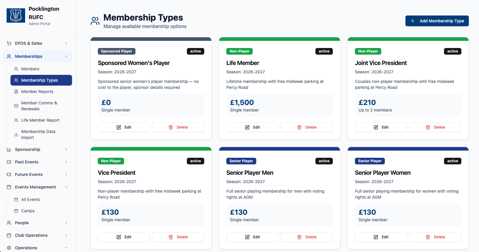 Configurable membership types — senior, junior, non-player and life memberships with season pricing and benefits.