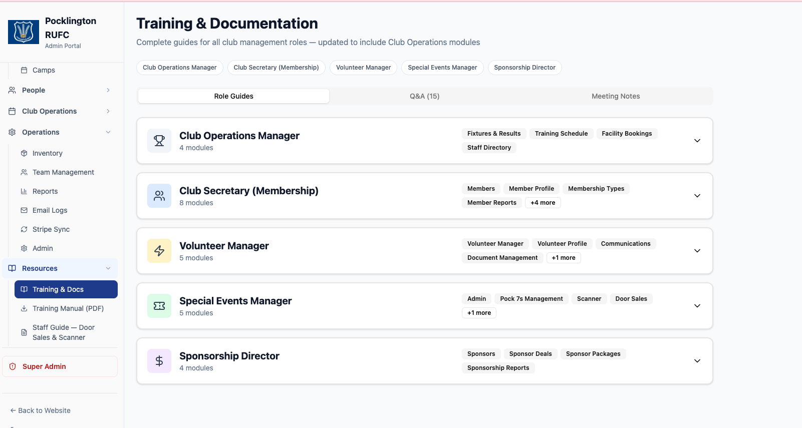 Role-based training and documentation built into the platform so volunteers can self-serve.