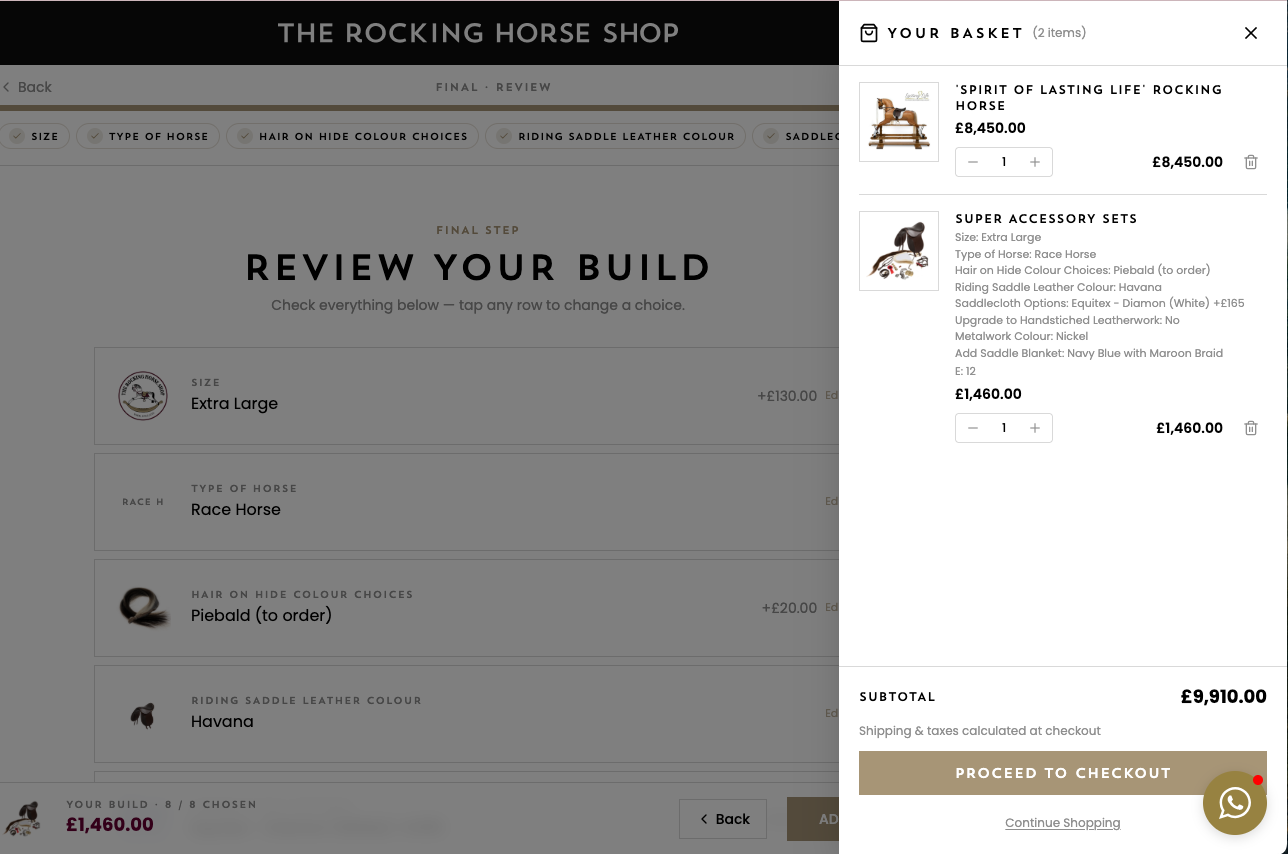 The build configurator and side-drawer basket — every option priced live, with weight modifiers feeding the shipping engine.