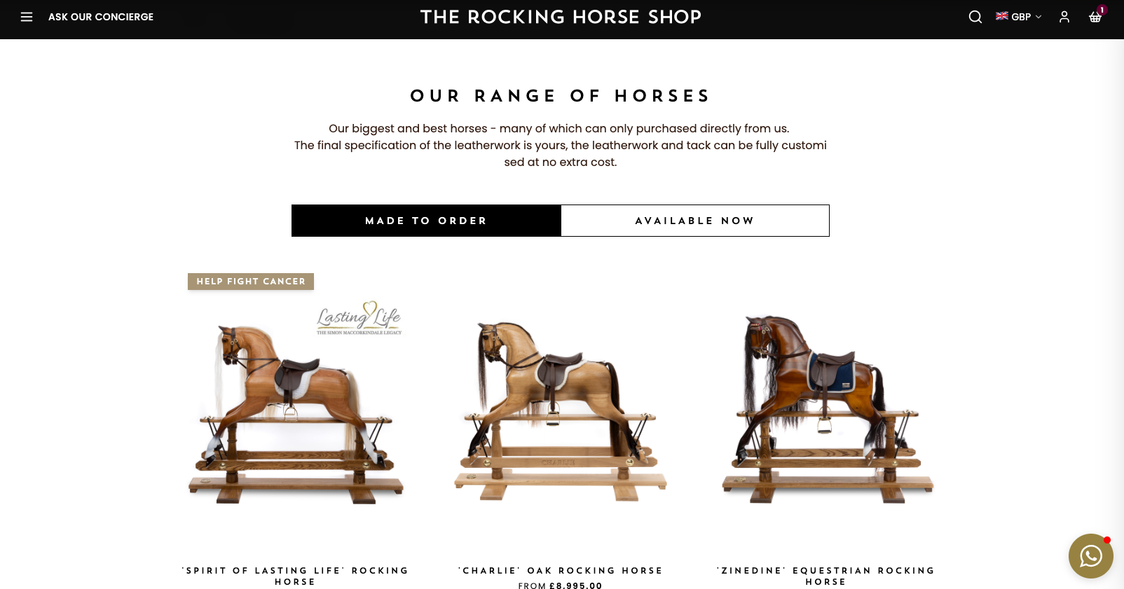 The product range, split by made-to-order and available-now stock, with the AI concierge on hand in the header.